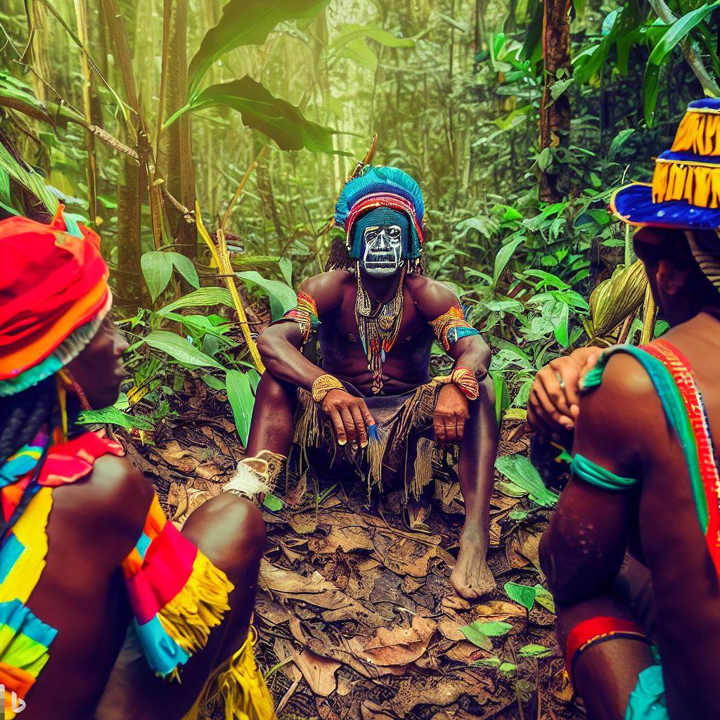 El arqueólogo sentado, desesperado en la selva, cuando indígenas amigables se acercan. Estilo Colorido y emotivo, con expresiones faciales vívidas y colores vibrantes en la ropa de los indígenas.